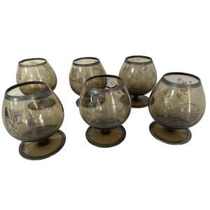 6 Vtg Smoked Smoke Glass Glasses Snifter Brandy Scotch Cognac Bar Peru Mayan